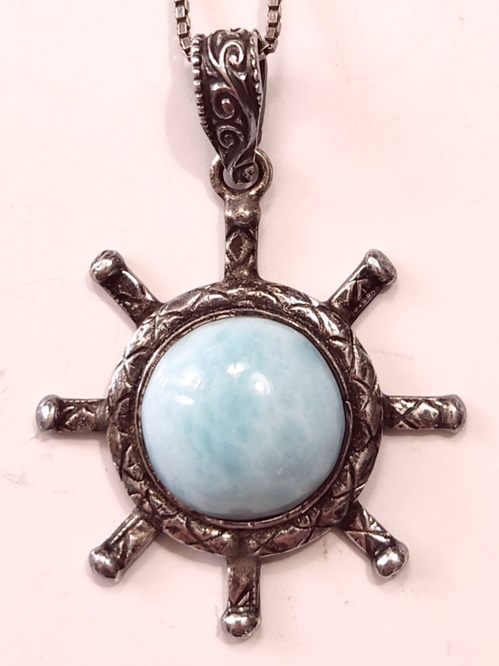 925 Sterling Silver Larimar Ships Wheel Pendant Necklace Nautical Coastal Blue